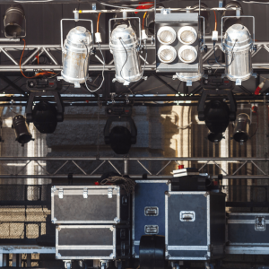Equipment sitting on a stage.